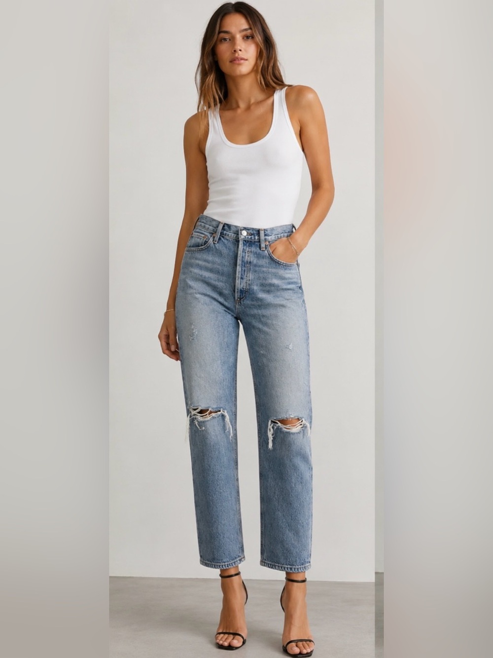 AGOLDE A045-983 Distressed Light Wash 100% Cotton High Rise Straight Leg Jeans.